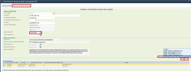 Thay đổi thông tin CKS trên tài khoản quản trị