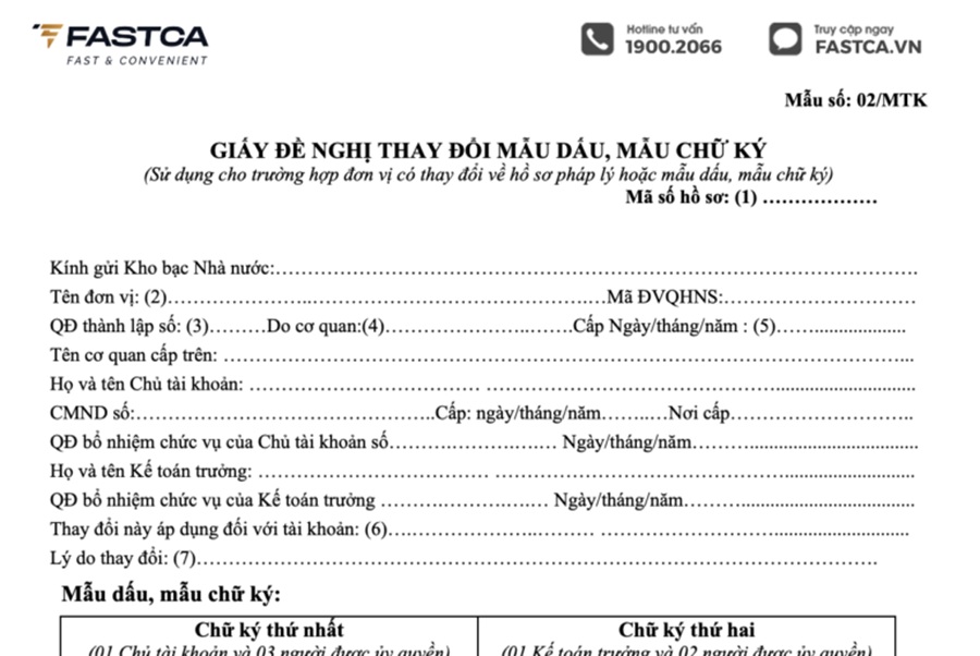 Mẫu giấy đề nghị thay đổi mẫu dấu, mẫu chữ ký (Mẫu 02/MTK)