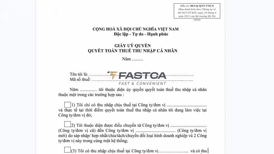 Mẫu giấy ủy quyền quyết toán thuế TNCN