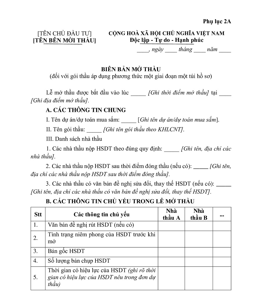 Mẫu Biên bản mở thầu 2025 theo Thông tư 23/2024/TT-BKHĐT với phương thức 1 giai đoạn 1 túi hồ sơ