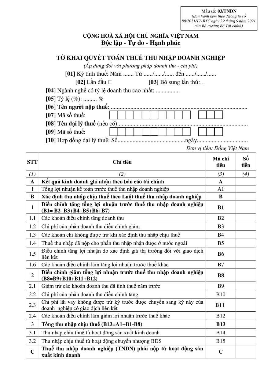 mẫu số 03/tndn - tờ khai quyết toán thuế tndn