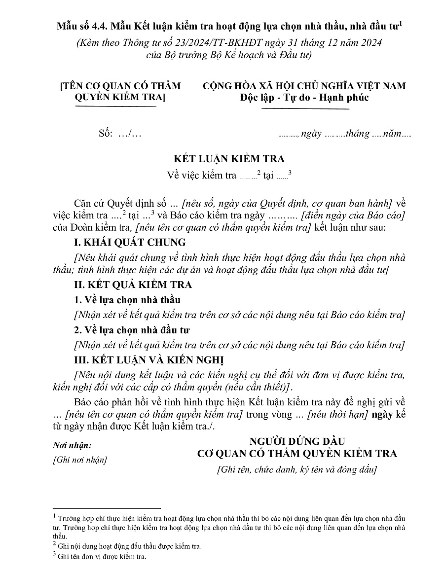 Mẫu số 4.4 – Kết luận kiểm tra công tác lựa chọn nhà thầu, nhà đầu tư theo Thông tư 23/2024/TT-BKHĐT