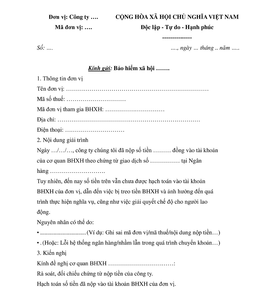 Mẫu Công Văn Giải Trình Bị Treo Tiền BHXH Dành Cho Công Ty