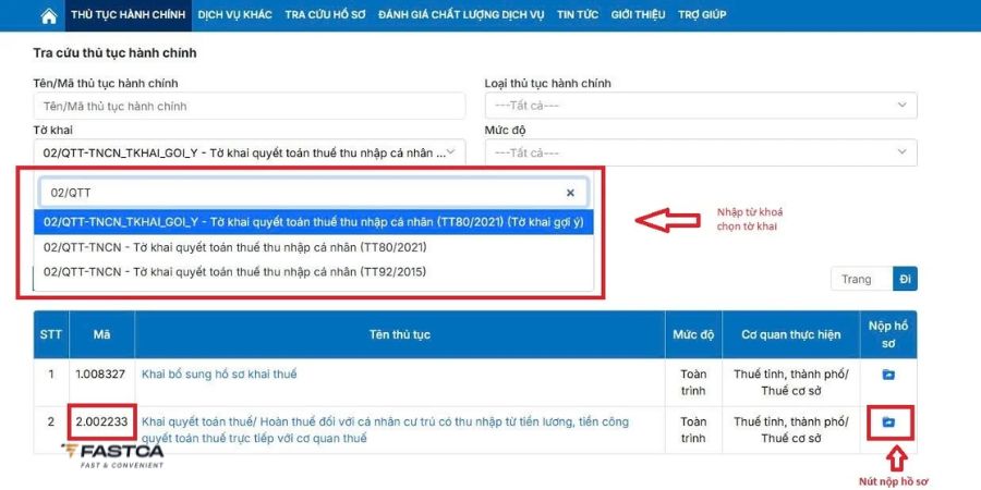 cá nhân nộp tờ khai quyết toán thuế tncn trên dịch vụ công - bước 3
