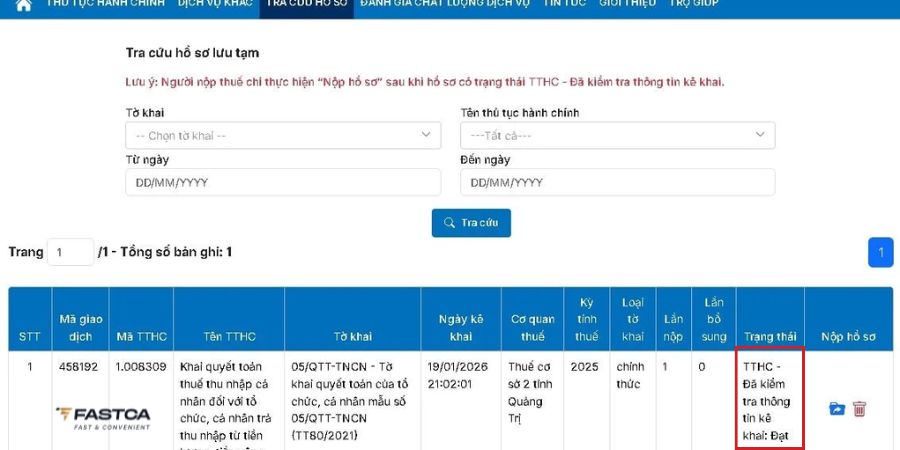tổ chức nộp tờ khai quyết toán thuế tncn trên dịch vụ công - bước 12