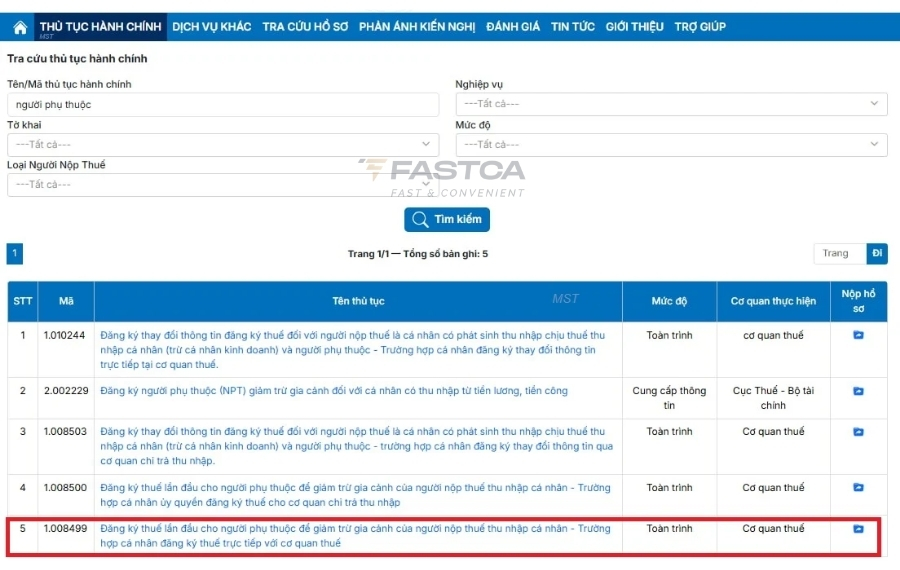 cách đăng ký người phụ thuộc đã có mã số thuế trên Dịch vụ công - bước 3