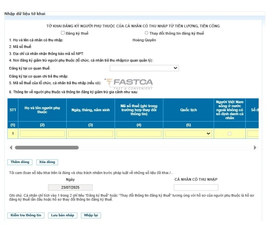 cách đăng ký người phụ thuộc đã có mã số thuế trên Dịch vụ công - bước 5