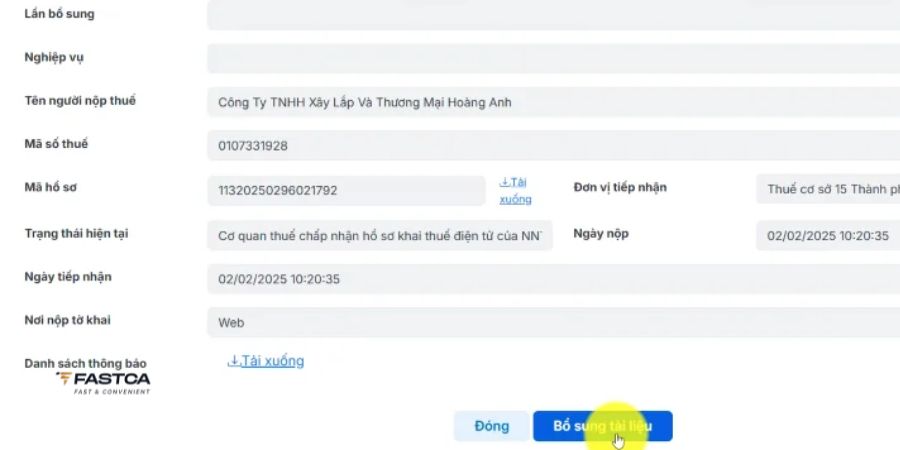 cách nộp bổ sung thuyết minh báo cáo tài chính trên dịch vụ công - bước 5