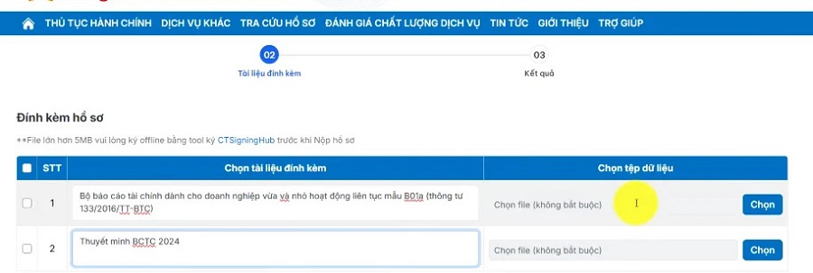 cách nộp bổ sung thuyết minh báo cáo tài chính trên dịch vụ công - bước 7