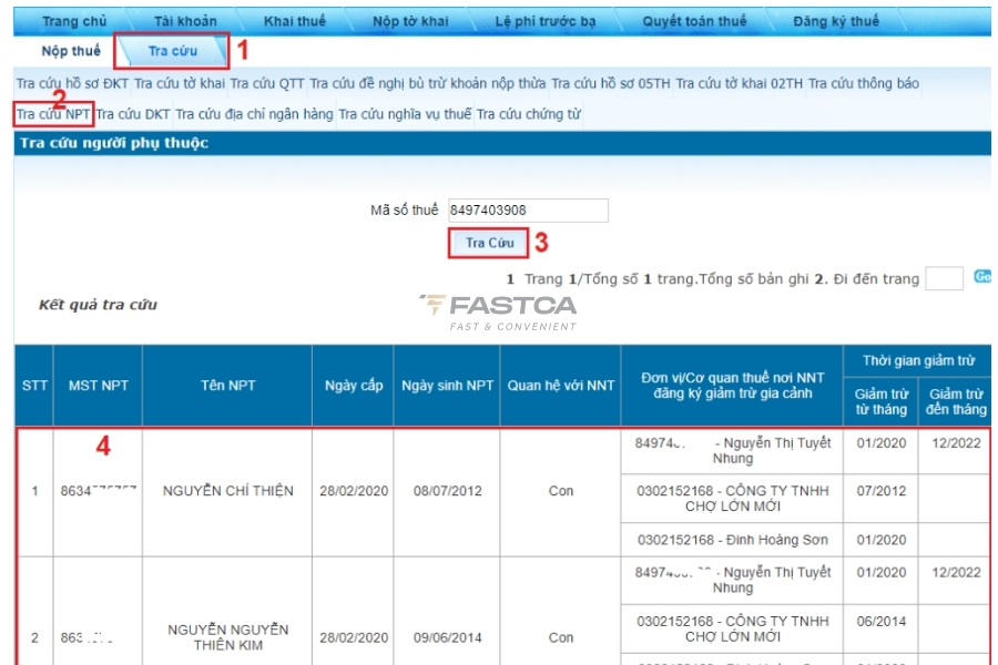 Tra cứu thông tin người phụ thuộc trên thuế điện tử