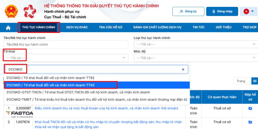khai thuế hộ kinh doanh trên dịch vụ công - bước 2