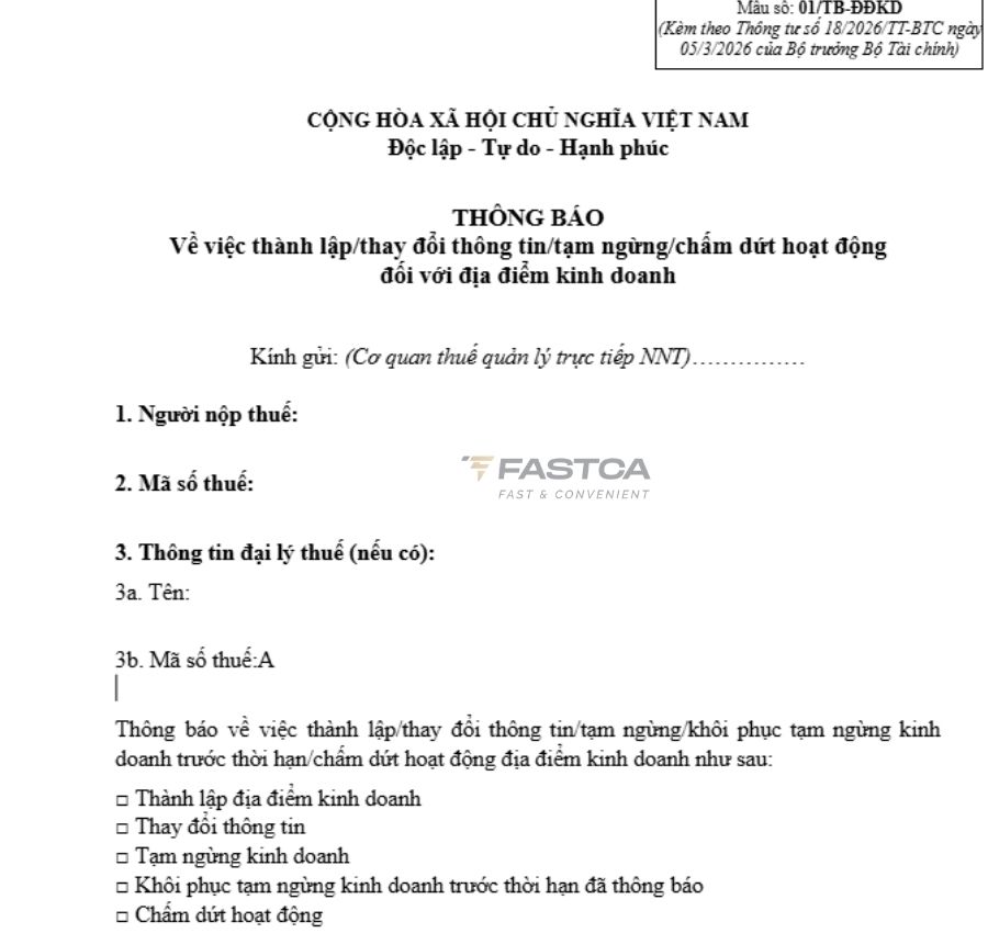 mẫu số 01/TB-ĐĐKD hộ kinh doanh