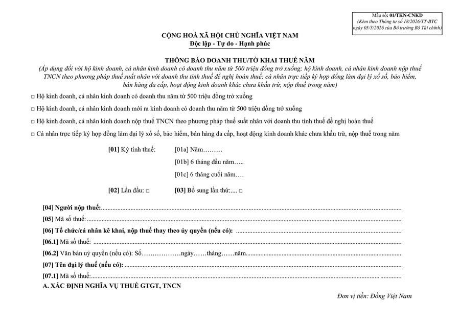 mẫu 01/TKN-CNKD tờ khai thuế năm