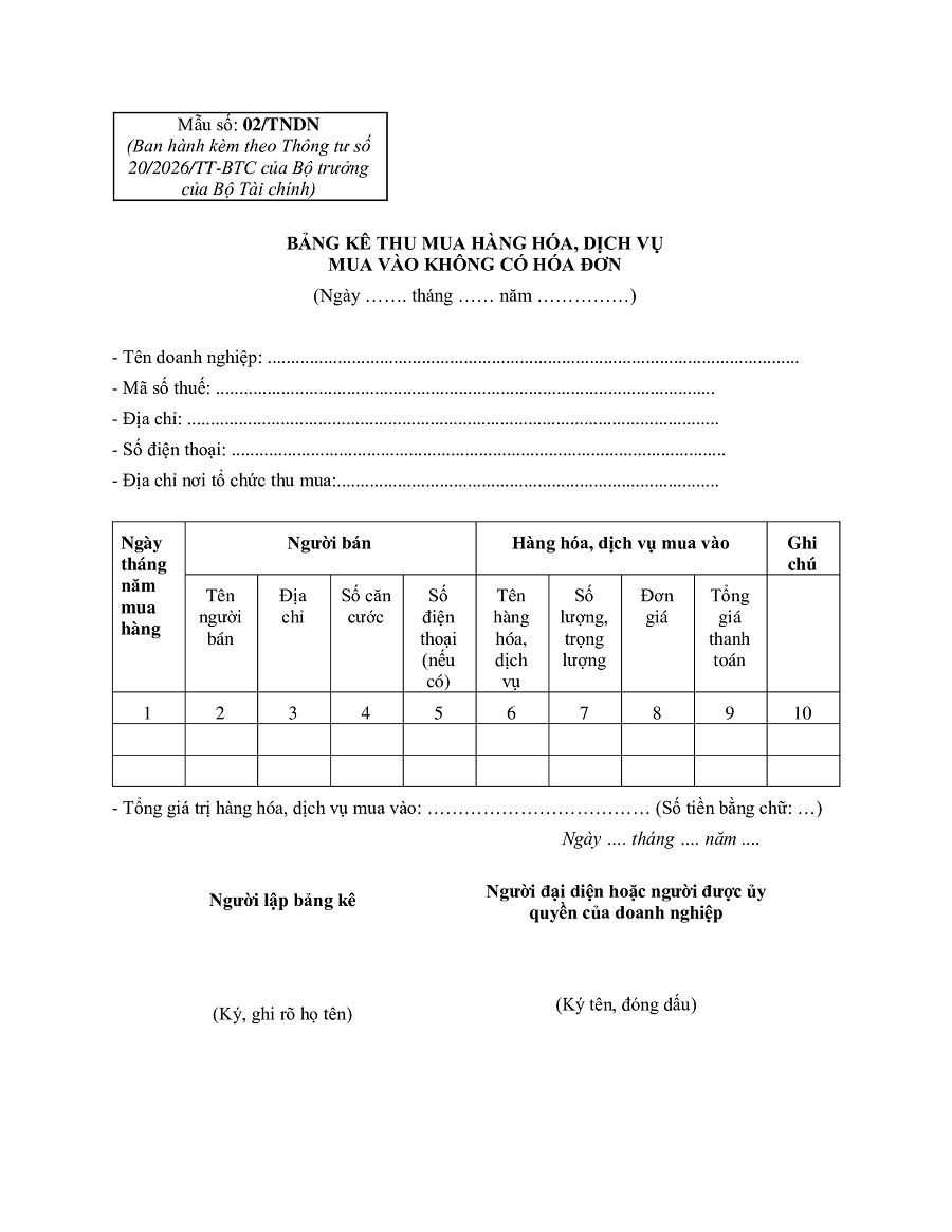 mẫu 02/tndn - bảng kê 02/tndn
