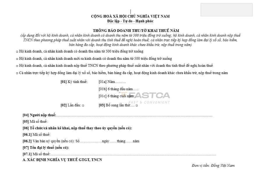 mẫu kê khai thuế cho hộ kinh doanh dưới 500 triệu