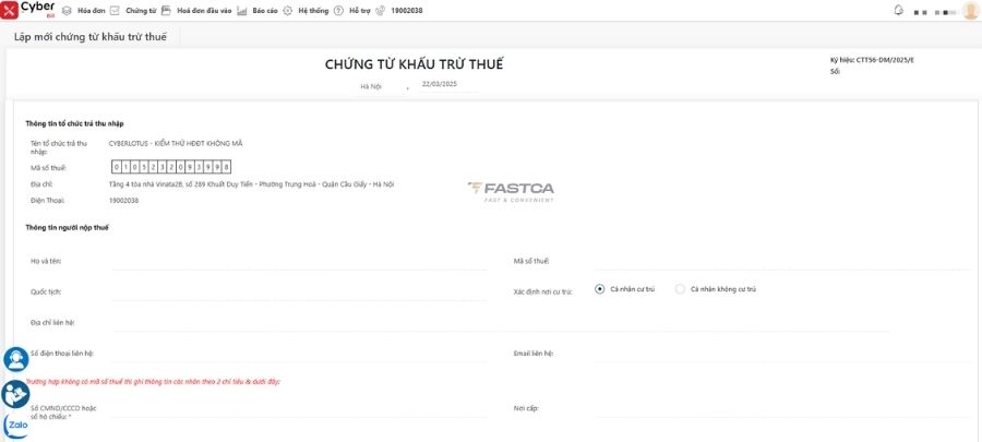 cách lập và xuất chứng từ khấu trừ thuế tncn từ phần mềm xcyber bill - 3