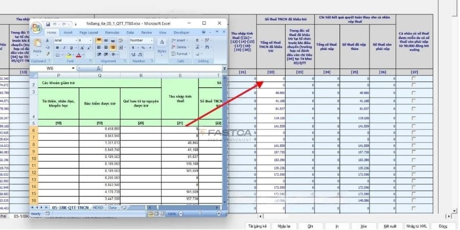 Cách sửa file lỗi tải bảng kê 05-1/BK-QTT-TNCN không lên chỉ tiêu 22