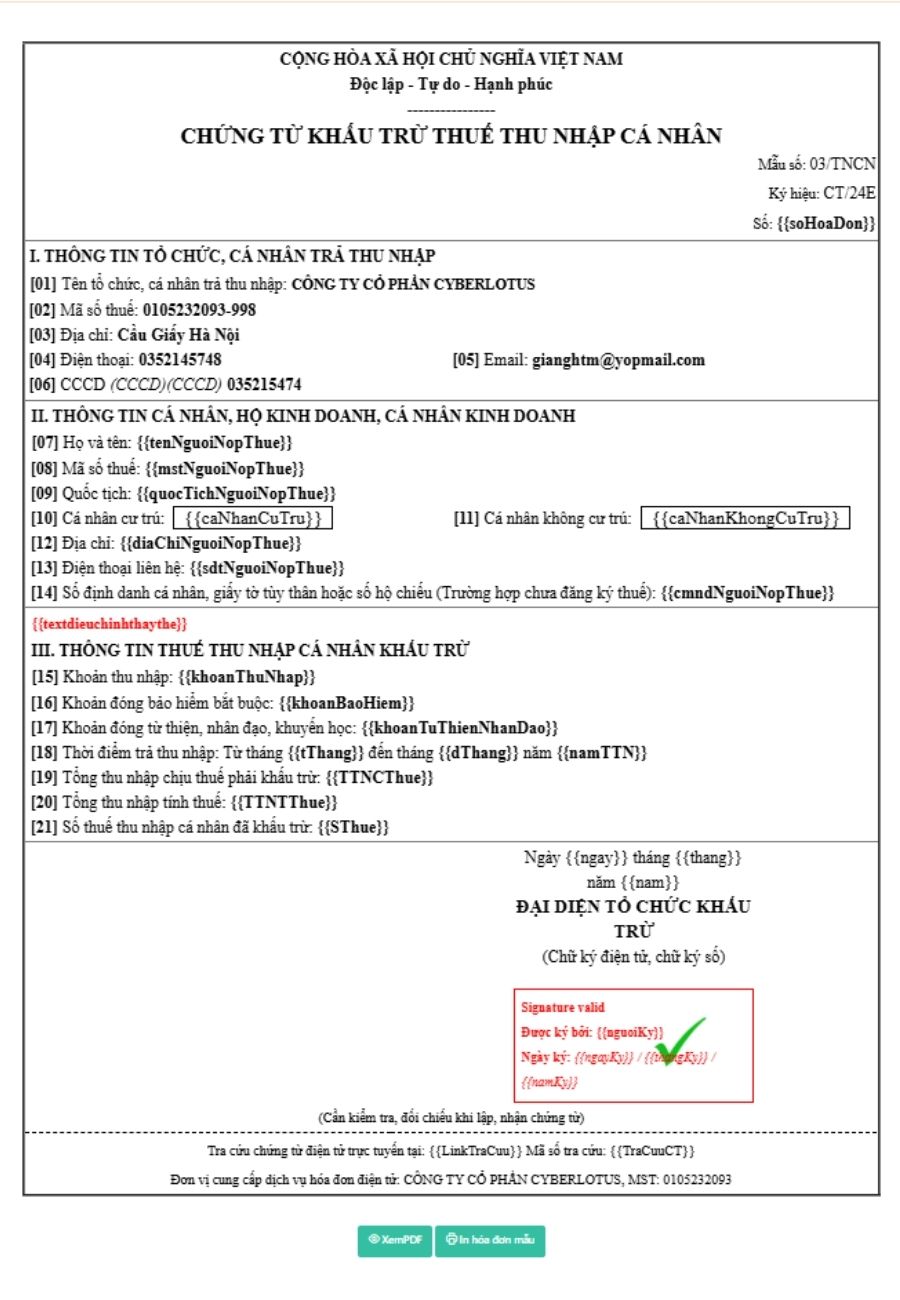 mẫu tạo mới chứng từ khấu trừ thuế tncn