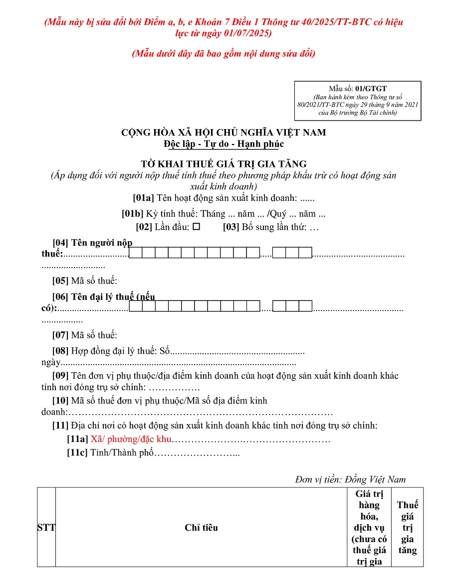 mẫu tờ khai 01/gtgt mới nhất