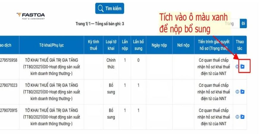 cách nộp tờ khai bổ sung trên dịch vụ công - bước 3
