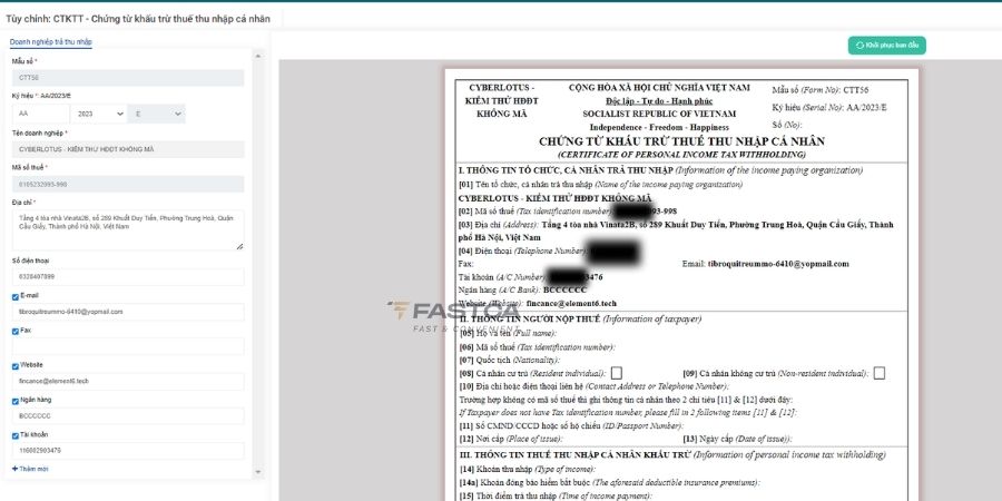 tùy chỉnh mẫu chứng từ khấu trừ thuế tncn điện tử
