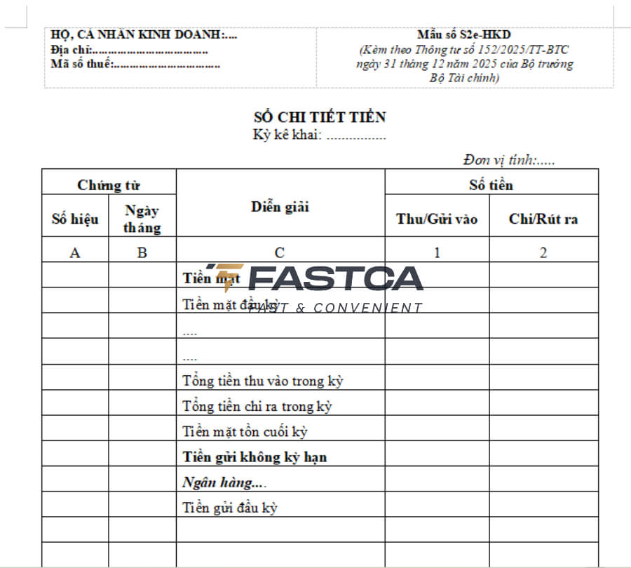 Cách ghi Sổ chi tiết tiền (Mẫu S2e-HKD)