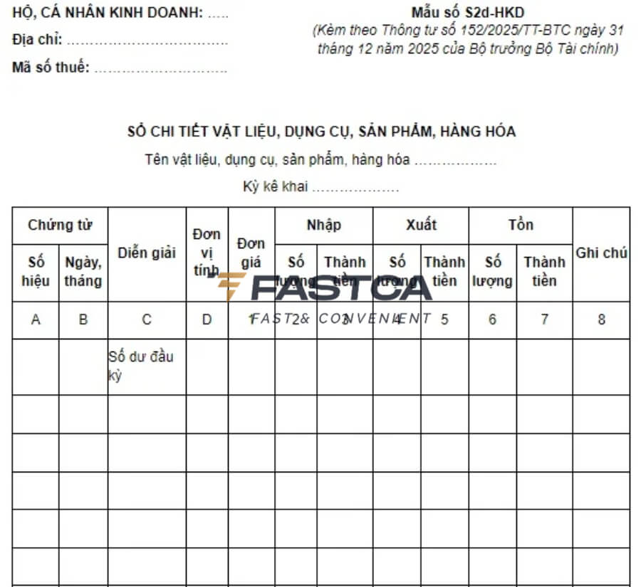 Cách ghi Sổ chi tiết vật liệu, hàng hóa (Mẫu S2d-HKD)