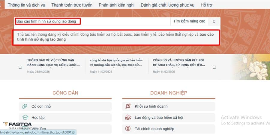 cách nộp báo cáo tình hình sử dụng lao động trên dịch vụ công - bước 3