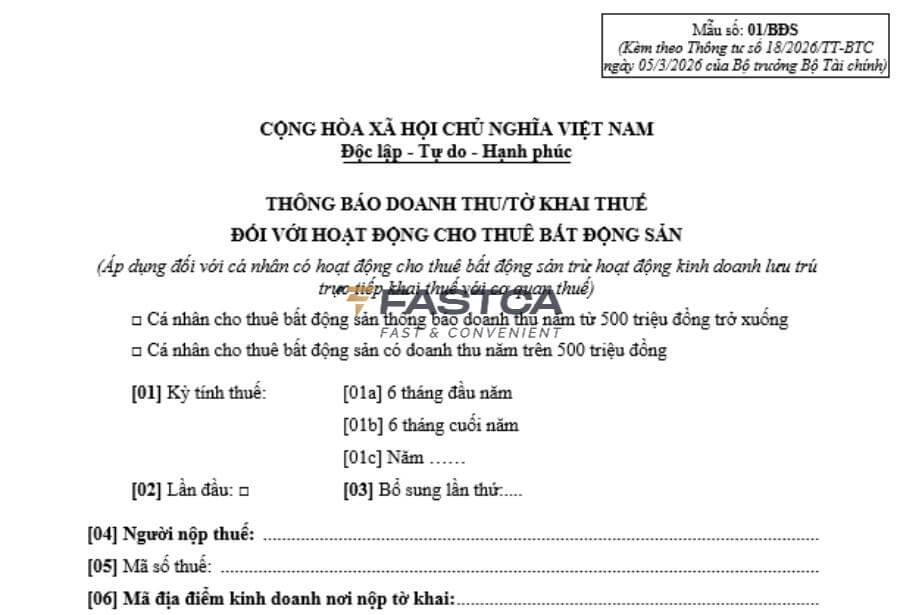 mẫu 01/bđs – tờ khai thuế đối với hoạt động cho thuê bất động sản