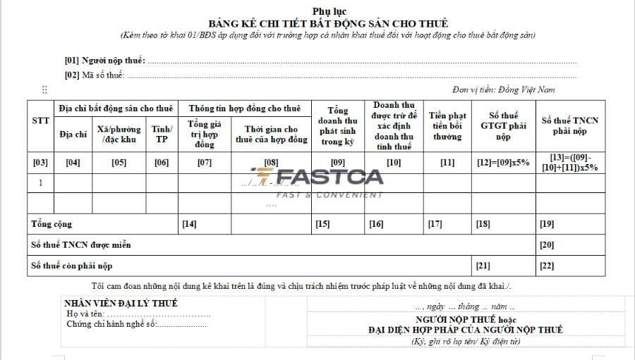 Phụ lục 01/BK-BĐS Bảng kê chi tiết bất động sản cho thuê