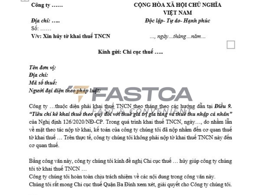 mẫu công văn xin hủy tờ khai thuế tncn