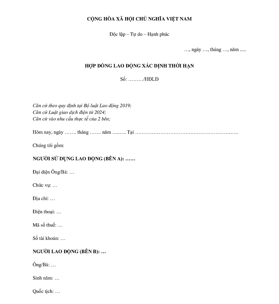 mẫu hợp đồng lao đông điện tử có thời hạn