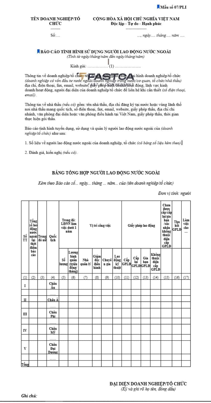 mẫu số 07/pli báo cáo tình hình sử dụng lao động nước ngoài