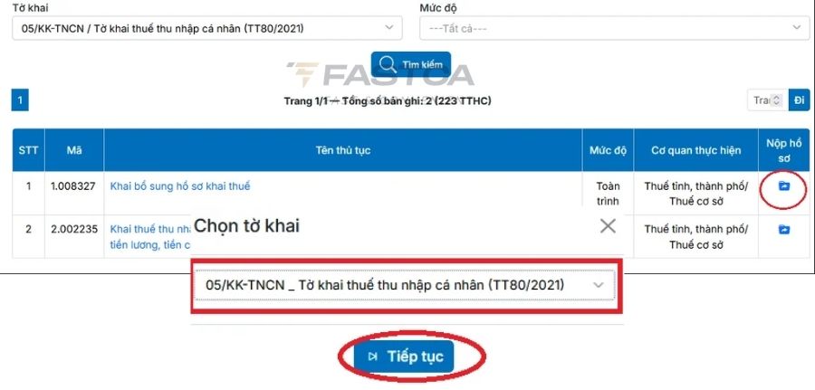 Nộp tờ khai bổ sung quyết toán thuế TNCN trên Dịch vụ công - bước 2