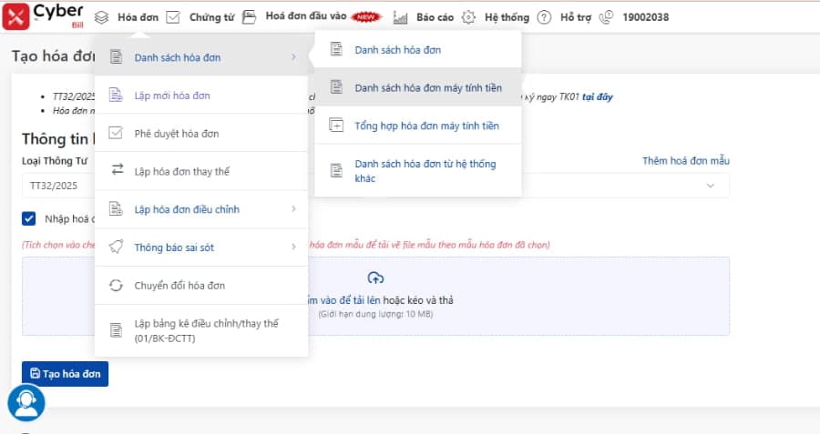 Xuất hóa đơn từ máy tính tiền trực tiếp trên xCyber Bill - Bước 2