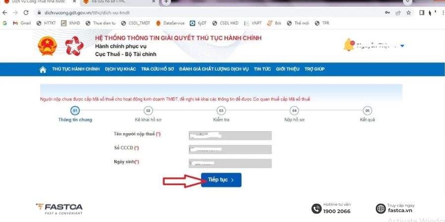 Đăng ký mã số thuế cá nhân kinh doanh trên Dịch vụ công - Bước 4