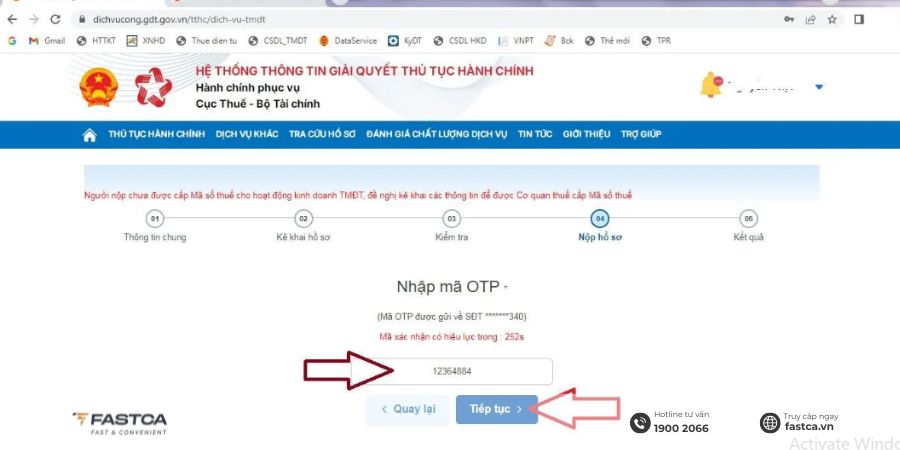 Đăng ký mã số thuế cá nhân kinh doanh trên Dịch vụ công - Bước 7