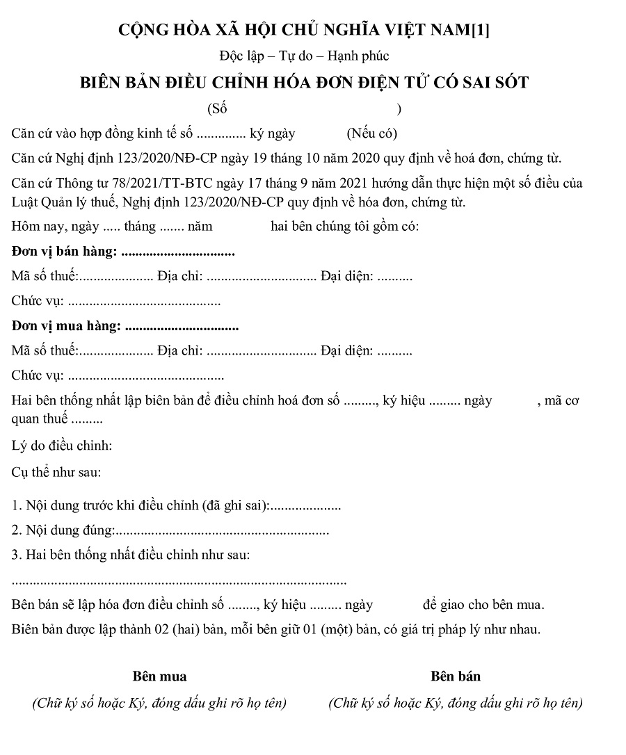 Mẫu biên bản điều chỉnh hóa đơn điện tử theo Thông tư 78/2025/NĐ-CP