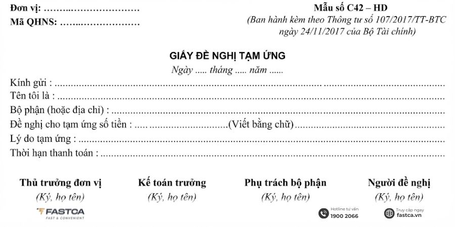 Mẫu giấy đề nghị tạm ứng theo Thông tư 107
