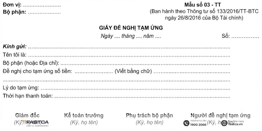 Mẫu giấy đề nghị tạm ứng theo Thông tư 133