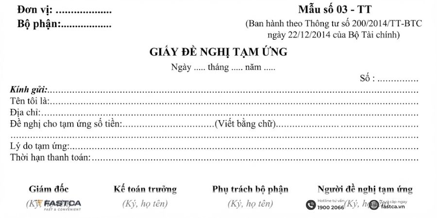 Mẫu giấy đề nghị tạm ứng theo Thông tư 200