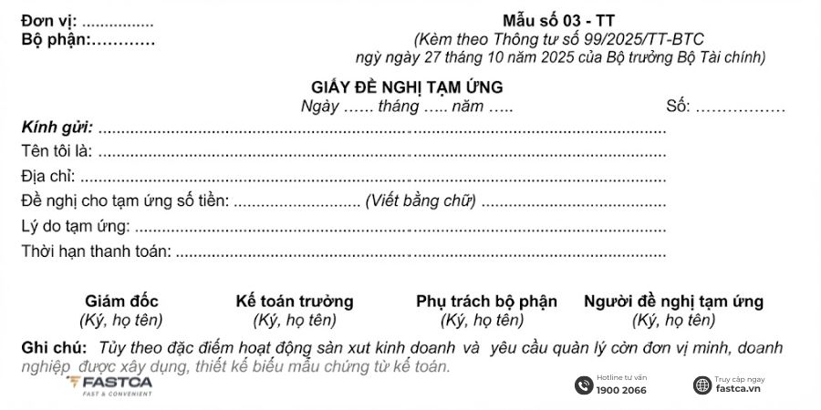 Mẫu giấy đề nghị tạm ứng theo Thông tư 99