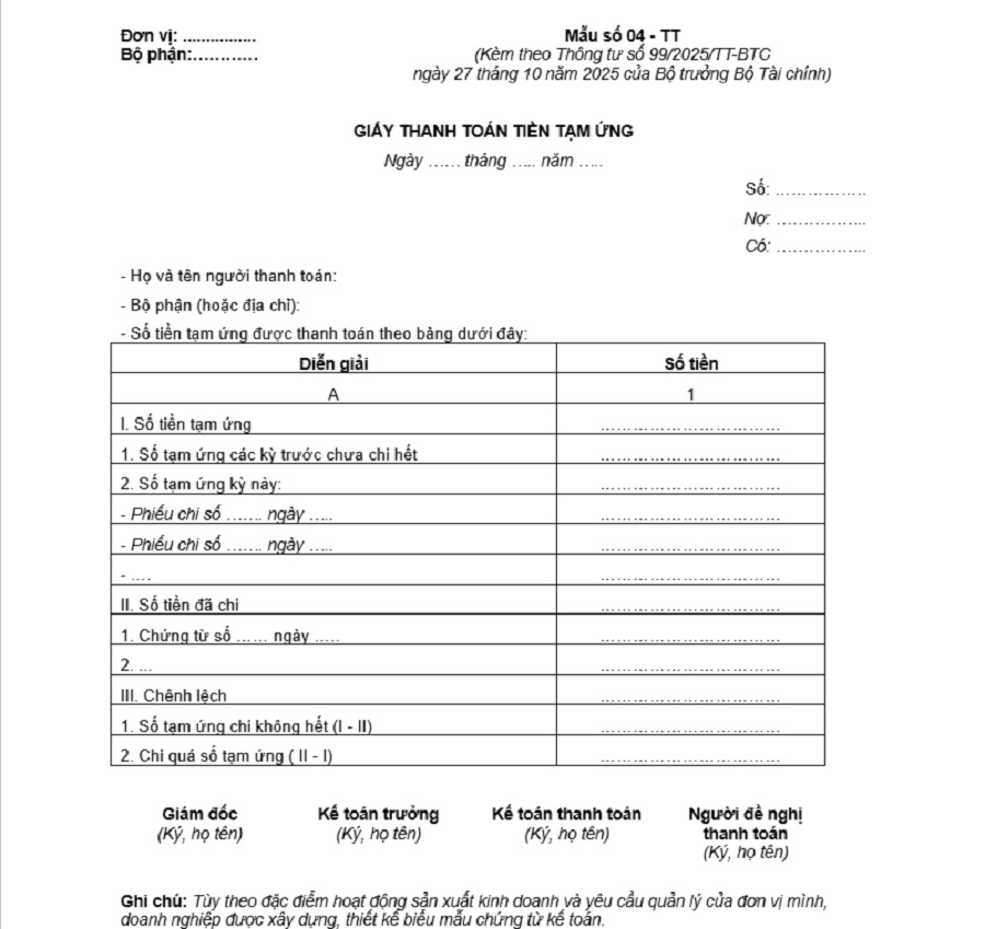 giấy đề nghị thanh toán tạm ứng theo thông tư 99