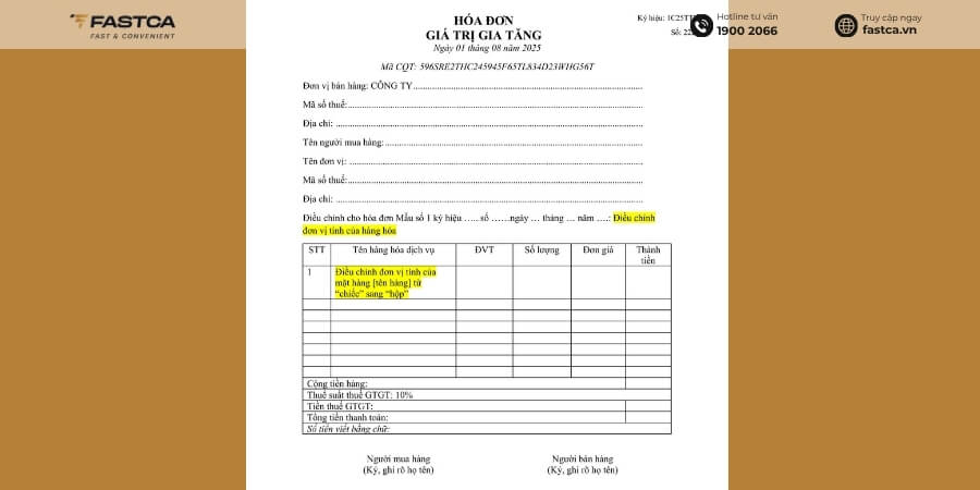 Mẫu hóa đơn điều chỉnh đơn vị tính của hàng hóa 