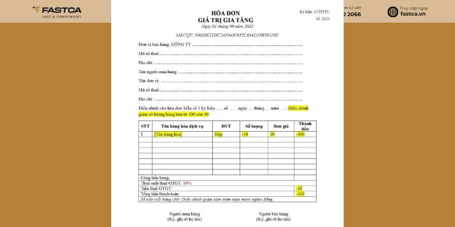 Mẫu hóa đơn điều chỉnh giảm số lượng hàng hóa từ 100 còn 90