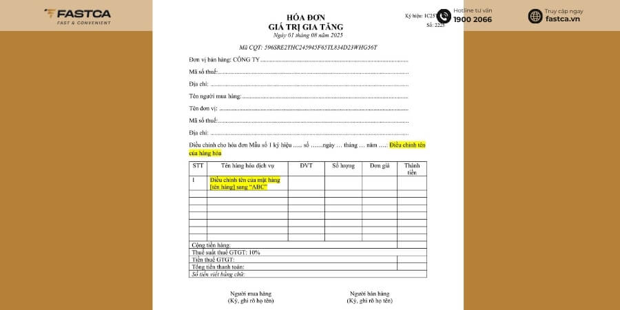 Mẫu hóa đơn điều chỉnh tên của hàng hóa