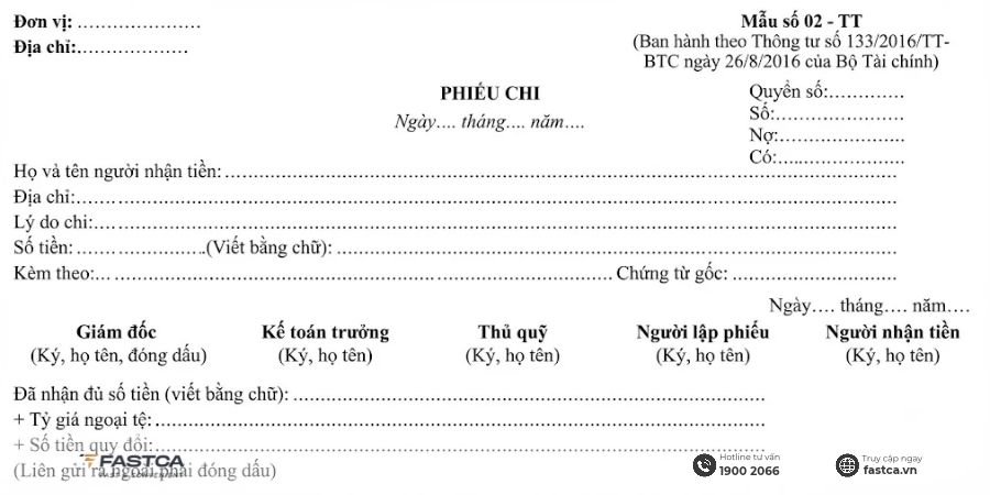 Mẫu phiếu chi theo Thông tư 133