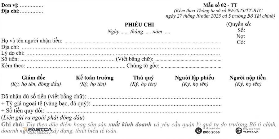 Mẫu phiếu chi theo Thông tư 99