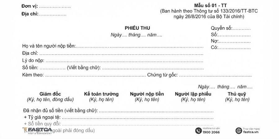 mẫu phiếu thu theo thông tư 133