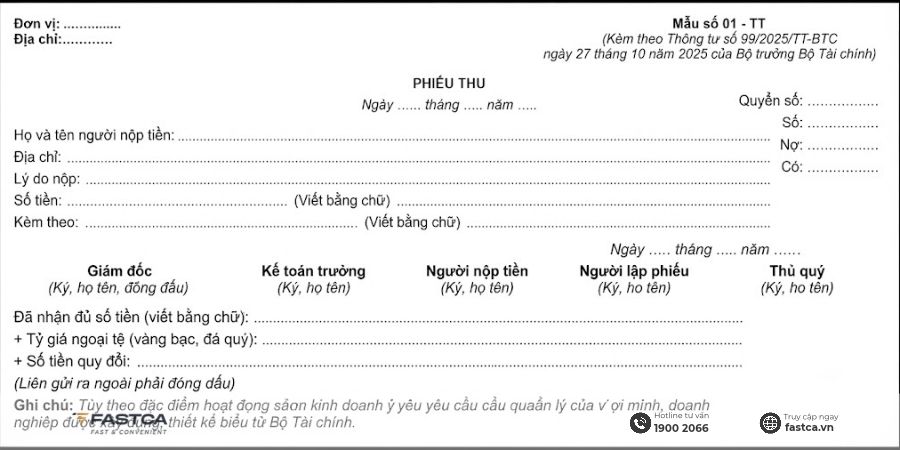 mẫu phiếu thu theo thông tư 99